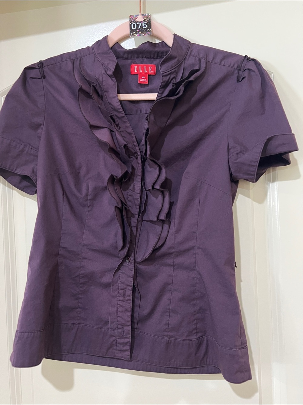 Elle Plum Ruffle-Front Short Sleeve Button Down H075